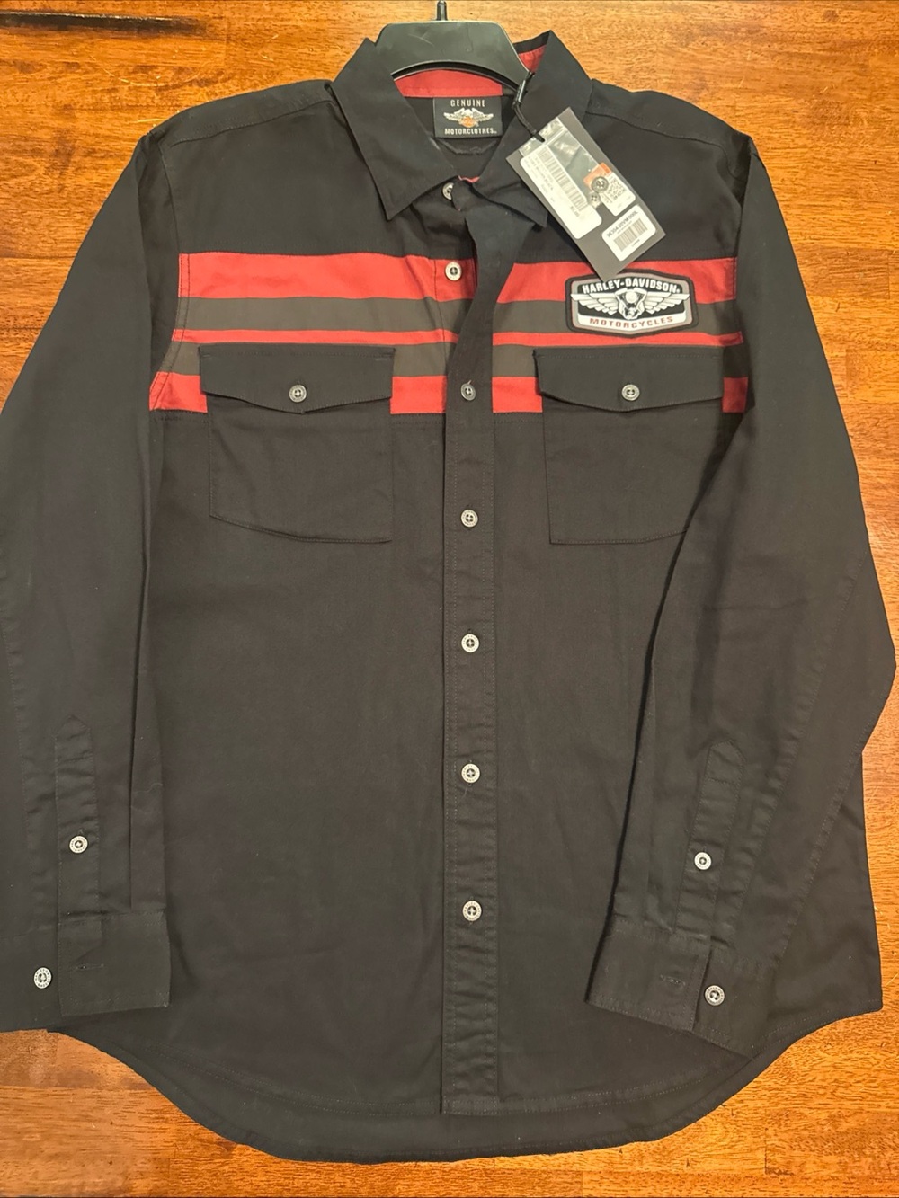 Harley Davidson Mens Chest Stripe Long Sleeve Black Woven Shirt LARGE - New